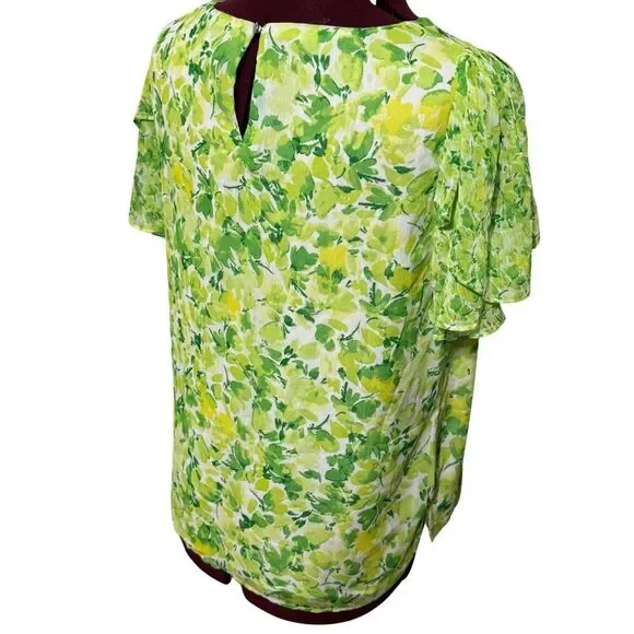 VINCE CAMUTO Floral Ruffle Flutter Short Sleeve Blouse Bright Emerald NWT Medium - Picture 6 of 9
